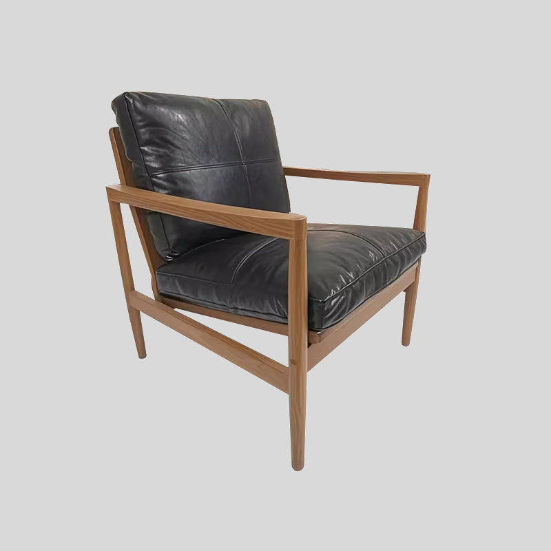 Mid-Century Modern Solid Wood Leather Armchair – Premium Tan Upholstery