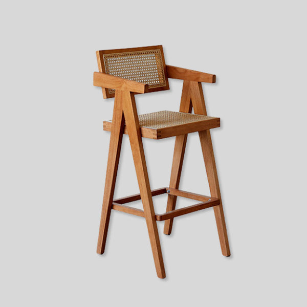 Mid-Century Modern Rattan and Wood Bar Stool with Armrests