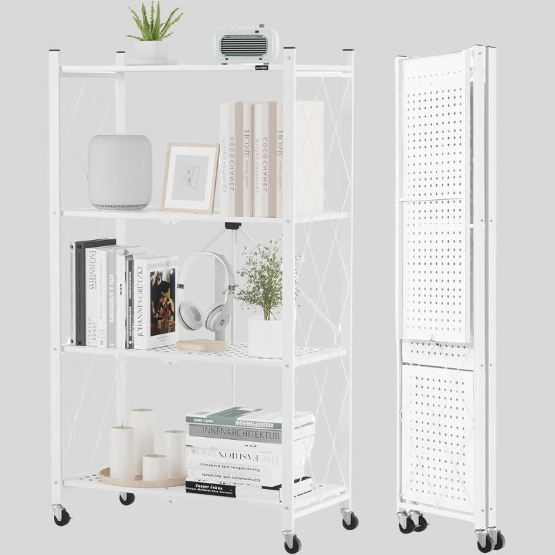 Foldable Metal Storage Shelf with Wheels – 4-Tier Heavy-Duty Rolling Rack for Kitchen, Office, Living Room, or Garage