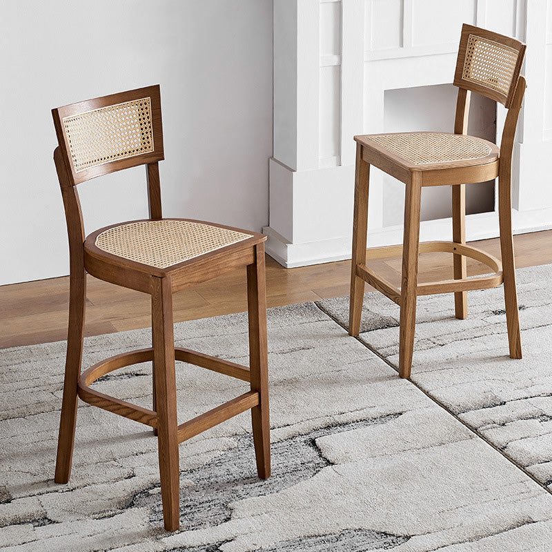 Vintage Rattan and Solid Wood Bar Stool