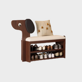 Dog-Shaped Solid Wood Shoe Storage Bench with Leather Cushion | Entryway Seating with Shelves