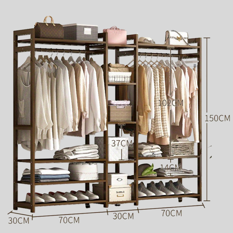 Freestanding Wooden Wardrobe Organizer – Double Hanging Closet Rack with Shelves for Clothes, Shoes & Accessories