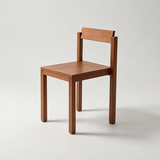 Brown wood dining chair with a rectangular backrest, flat square seat and straight square legs.
