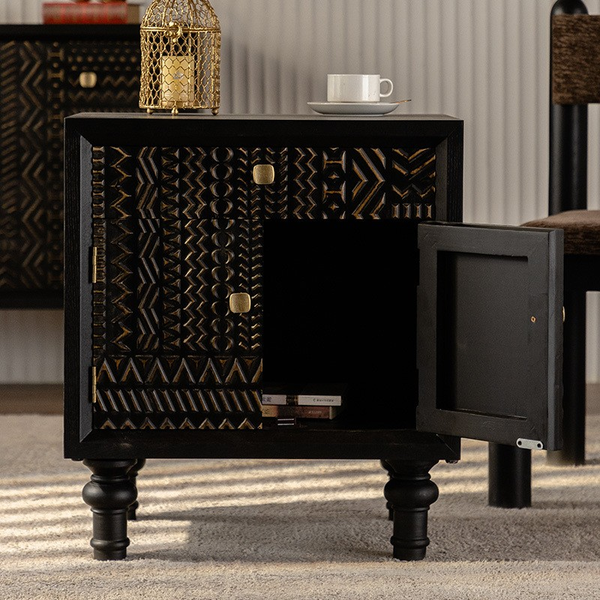 Vintage Solid Wood Bedside Cabinet with Carved Tribal Pattern