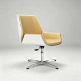 A modern office chair with a white frame and mustard yellow upholstered seat and backrest, mounted on a chrome five-star swivel base, photographed on a light gray studio background.