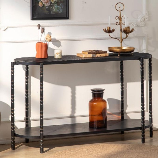 Vintage Black Wood Console Table with Carved Wave Top
