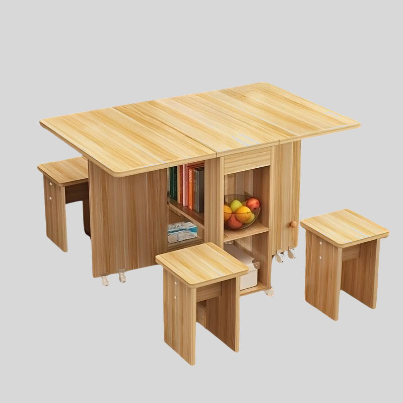Folding Extendable Dining Table Set with Storage Shelves and 4 Stools