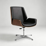 Modern swivel office chair with black leather upholstery, curved wooden side panels, and a chrome five-star base, photographed on a light gray studio background.