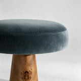 French Mid-Century Bar Stool – Stainless Steel & Burl Wood, Velvet Seat