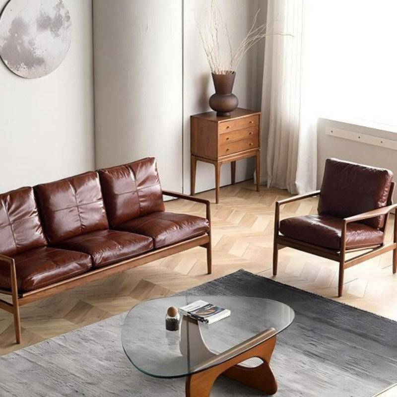 Mid-Century Solid Wood Leather Sofa