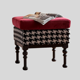 Retro Velvet & Houndstooth Ottoman Mid-Century Accent Footstool