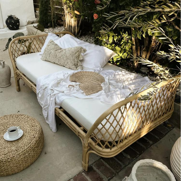 Nordic-Style Handwoven Rattan Daybed Sofa with Cushion (Multiple Sizes)