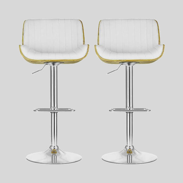 Set of 2 White PU Leather Bar Stools - Adjustable Swivel Counter Height Stools with Wooden Backrest