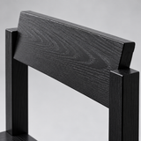Close-up of the black dining chair's rectangular backrest, visible wood grain and square upright supports.
