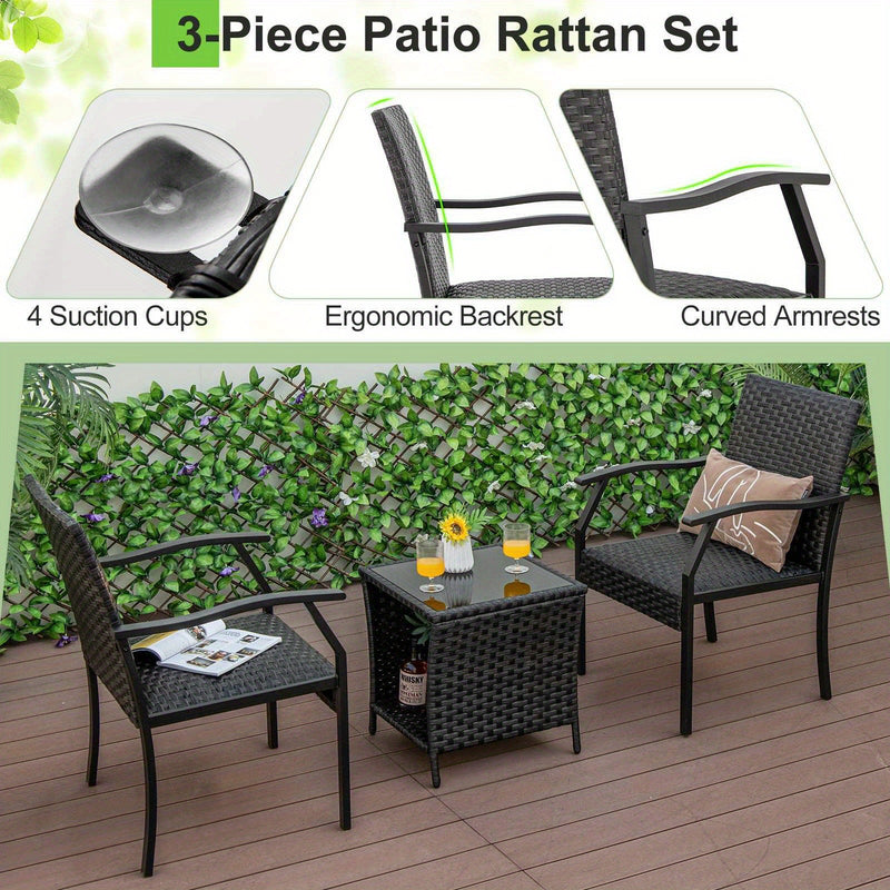 3-Piece Patio Rattan Furniture Set with Armchairs and Glass-Top Table – Outdoor Wicker Bistro Set