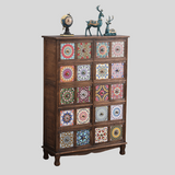 Vintage Mediterranean Ceramic Tile Drawer Cabinet – Handcrafted Solid Wood Storage Chest
