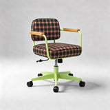 A modern office chair with a lime green metal frame, a brown and orange plaid fabric seat and back cushion, and light wood armrests, shown on a light gray studio background.