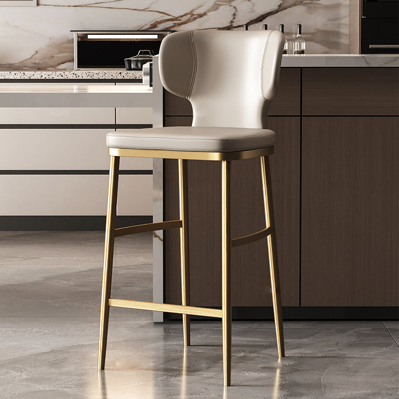 Modern Leather Bar Stool with Footrest, Black Four-Legged Base, and Low Back