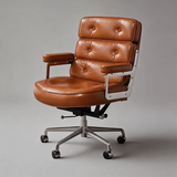 Cognac executive chair with three tufted back cushions, silver arm supports and a five-star castor base.