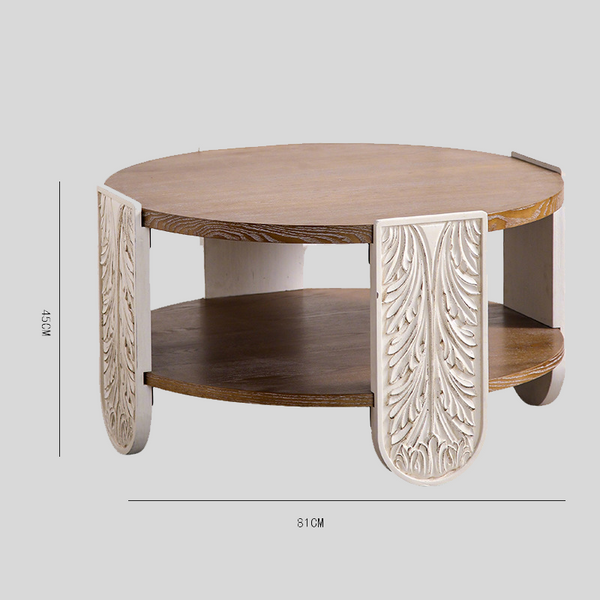 Round Carved Coffee Table with Storage Shelf – 81cm