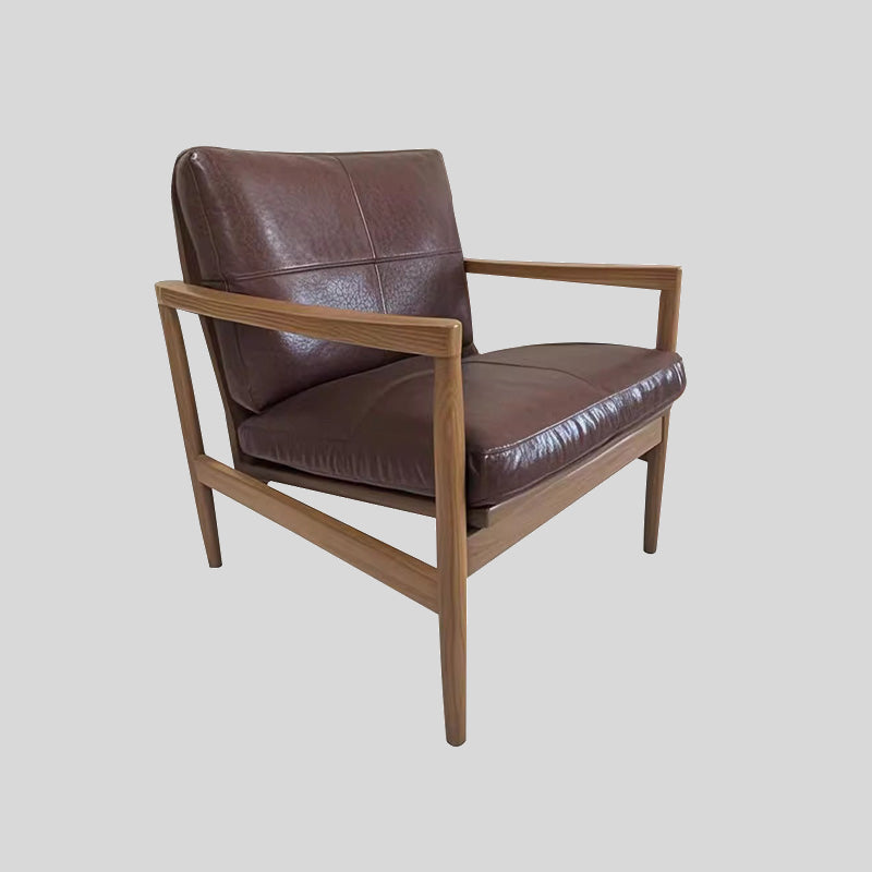 Mid-Century Modern Solid Wood Leather Armchair – Premium Tan Upholstery