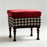 Retro Velvet & Houndstooth Ottoman Mid-Century Accent Footstool