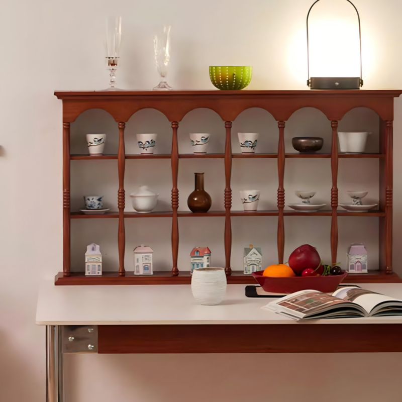 Vintage Solid Wood Wall Shelf – Arched Display Rack with Turned Columns