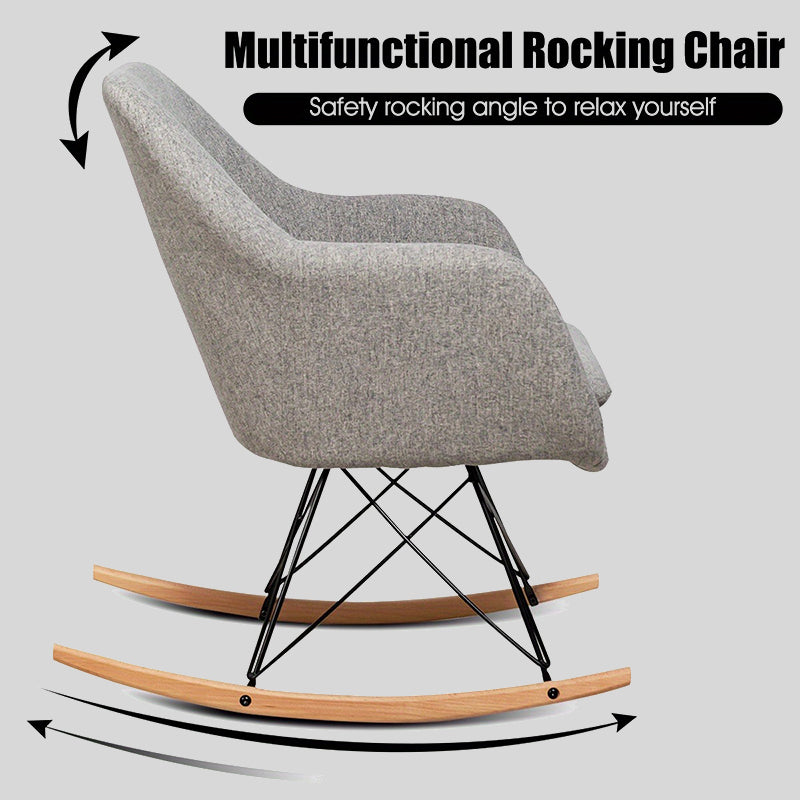 Modern Grey Upholstered Rocking Chair with Ergonomic Design and Solid Wood Base