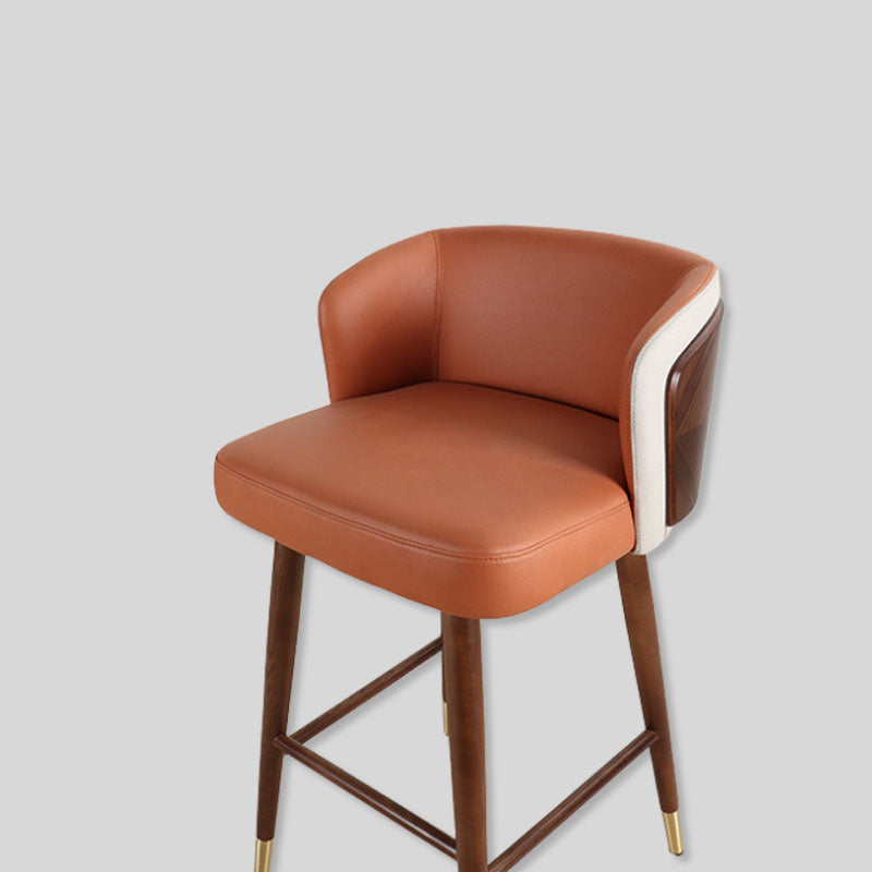 Walnut color Solid Wood and Dark Brown Leather Bar Stool High Chair with Backrest & Footrest. Modern contemporary designer Bar Chair.