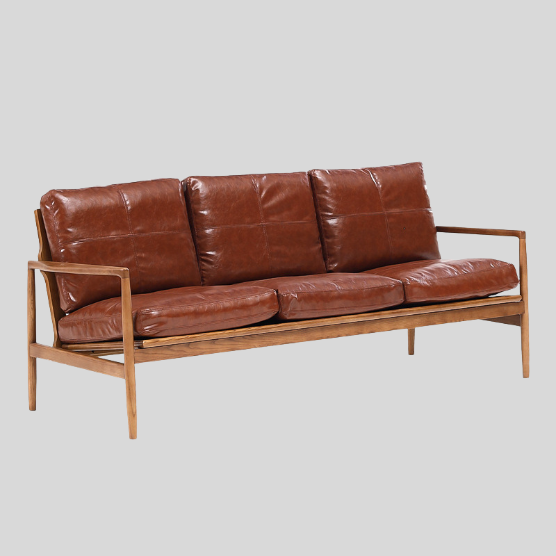 Mid-Century Solid Wood Leather Sofa