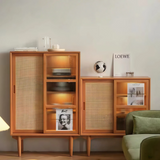 Nordic Pine Wood Sideboard with Rattan & Glass Sliding Doors