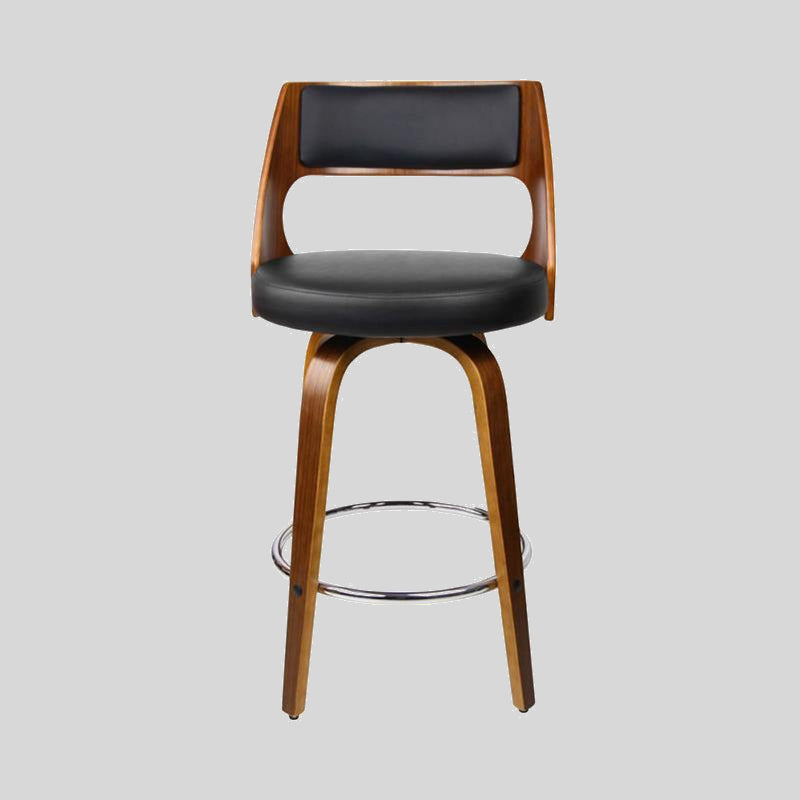 Set of 2 Mid-Century Modern Walnut Bar Stools - 360° Swivel PU Leather Seat with Chrome Footrest