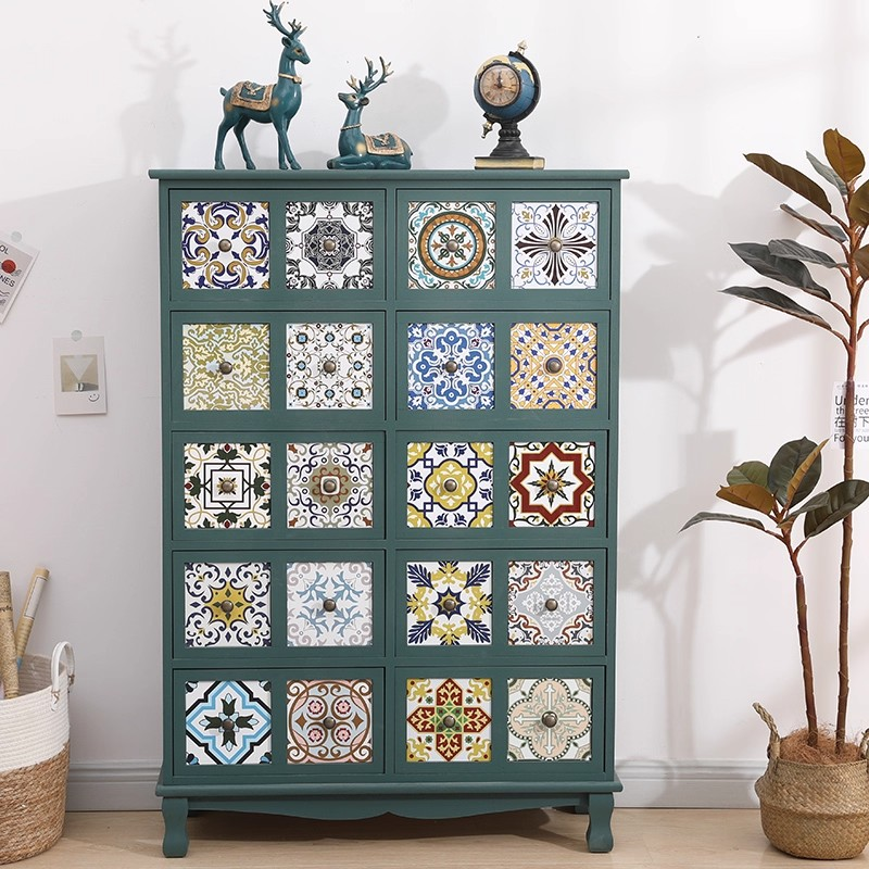 Vintage Mediterranean Ceramic Tile Drawer Cabinet – Handcrafted Solid Wood Storage Chest