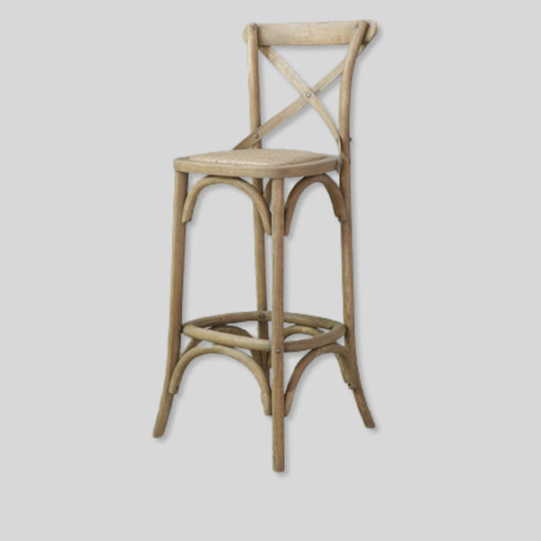 Vintage Cross-Back Solid Wood Bar Stool – Natural Rattan Seat & Classic Curved Frame