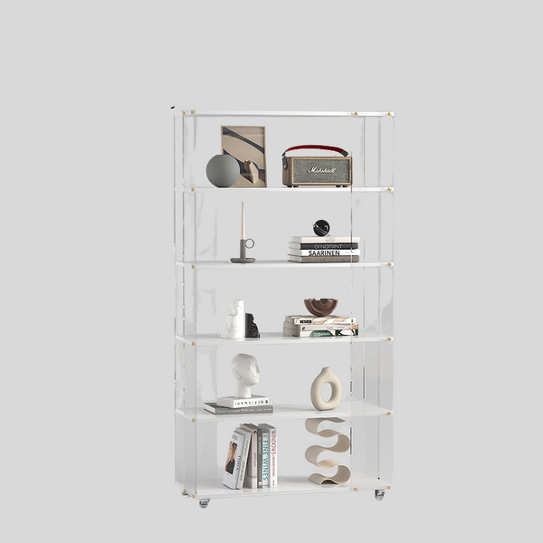 Clear Acrylic Bookshelf with White Shelves and Golden Accents