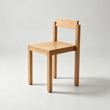 Natural wood dining chair with a rectangular backrest, flat square seat and straight square legs.
