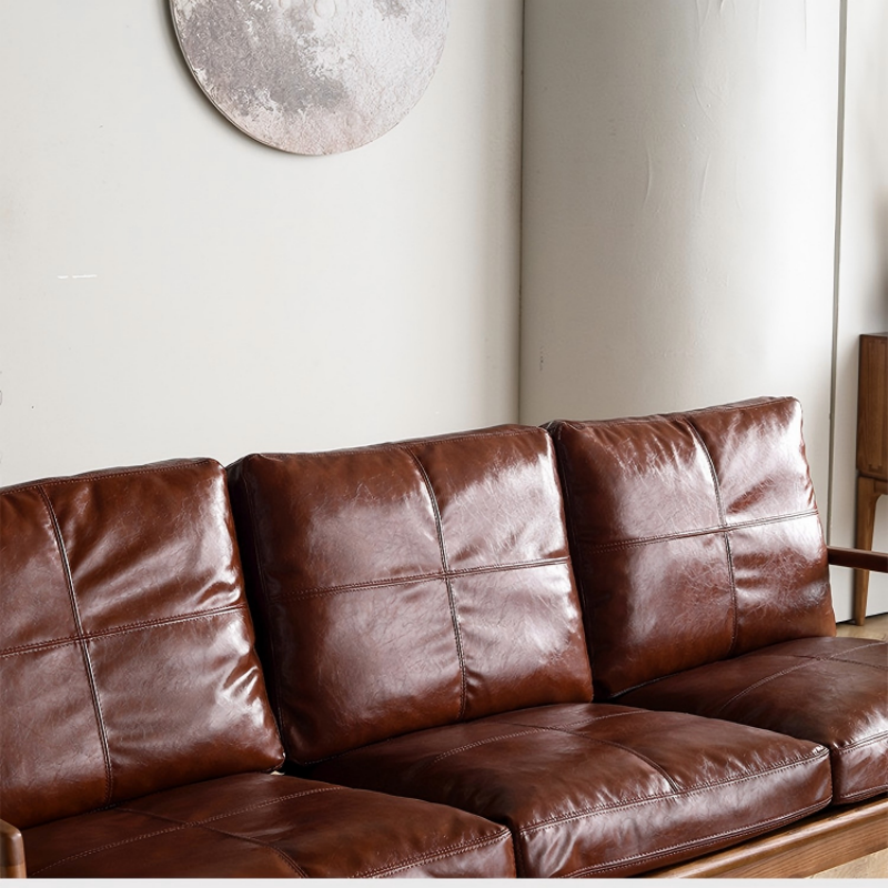 Mid-Century Solid Wood Leather Sofa