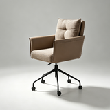 A modern office chair with a tufted beige backrest cushion, upholstered in a warm taupe fabric, supported by a black five-star metal base with casters, set against a neutral light gray studio background.