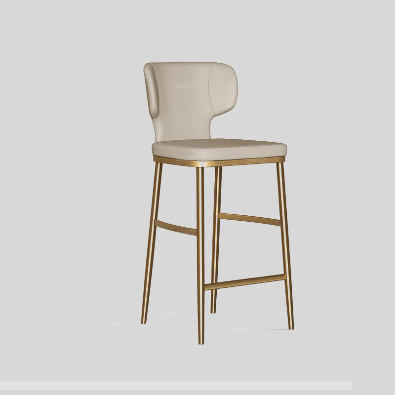 Modern Leather Bar Stool with Footrest, Black Four-Legged Base, and Low Back