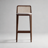 Taburete de bar de madera maciza de fresno con respaldo de ratán – Asiento de cuero sintético o lino, 65/75 cm