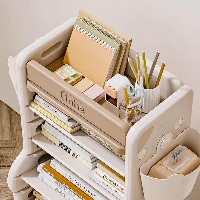 Children’s Multi-Tier Rolling Bookshelf – Cute Cartoon Storage Rack with Adjustable Shelves & Side Pockets