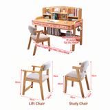 Study desk size guide showing 80–140 cm lengths, 60 cm depth, three desktop heights and two chair size diagrams.