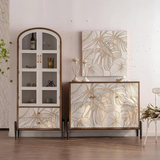 Golden Tropical Leaf Carved Wood Sideboard – Modern Natural Wood Storage Cabinet