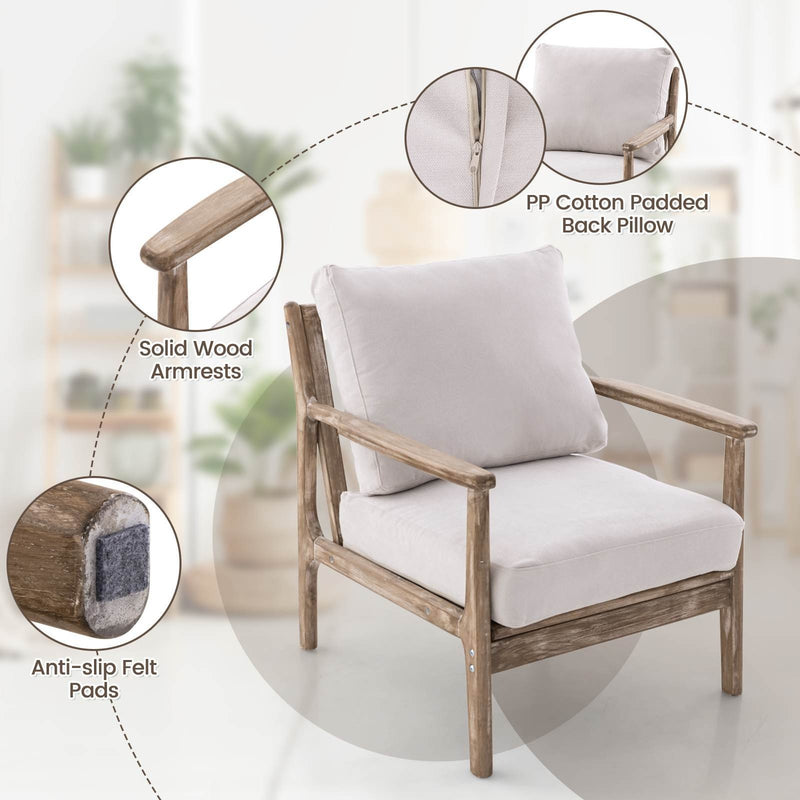 Natural Solid Wood Accent Chair with Thick Cushions - Indoor Lounge Seating