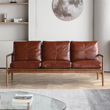 Mid-Century Solid Wood Leather Sofa