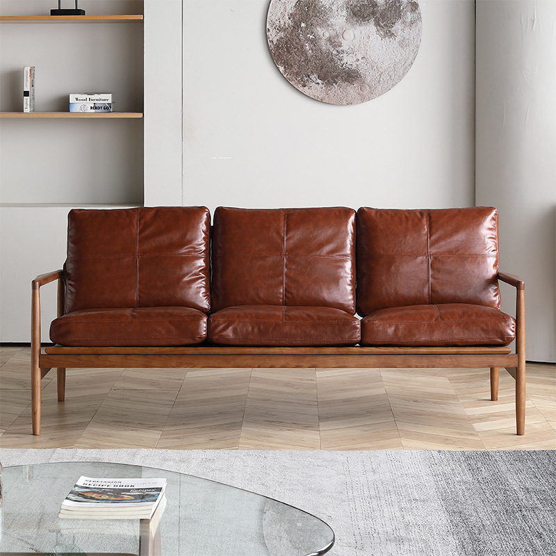 Mid-Century Solid Wood Leather Sofa