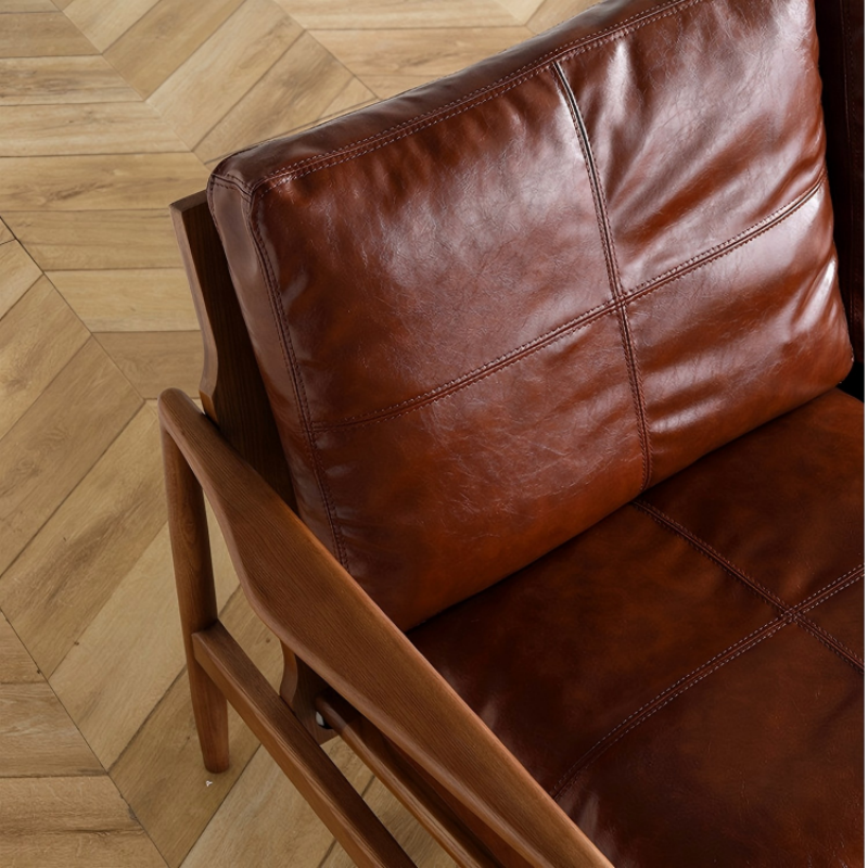 Mid-Century Solid Wood Leather Sofa