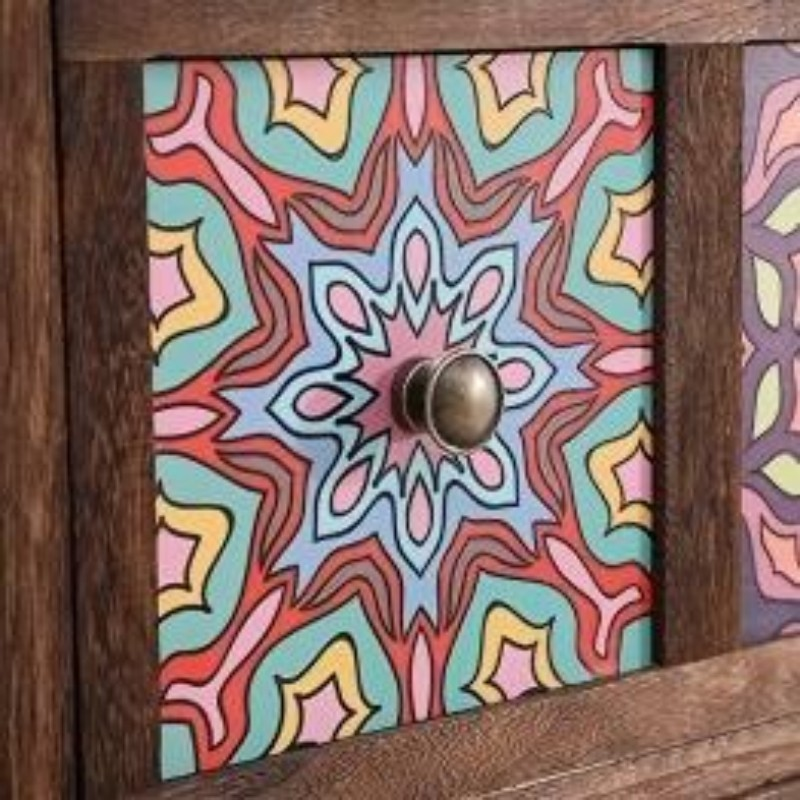 Vintage Mediterranean Ceramic Tile Drawer Cabinet – Handcrafted Solid Wood Storage Chest