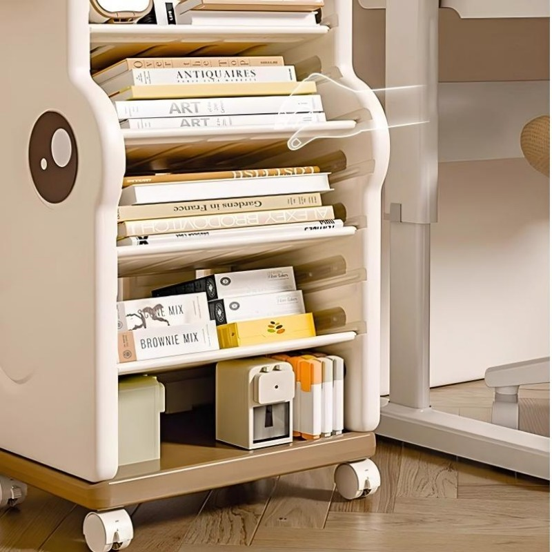 Children’s Multi-Tier Rolling Bookshelf – Cute Cartoon Storage Rack with Adjustable Shelves & Side Pockets