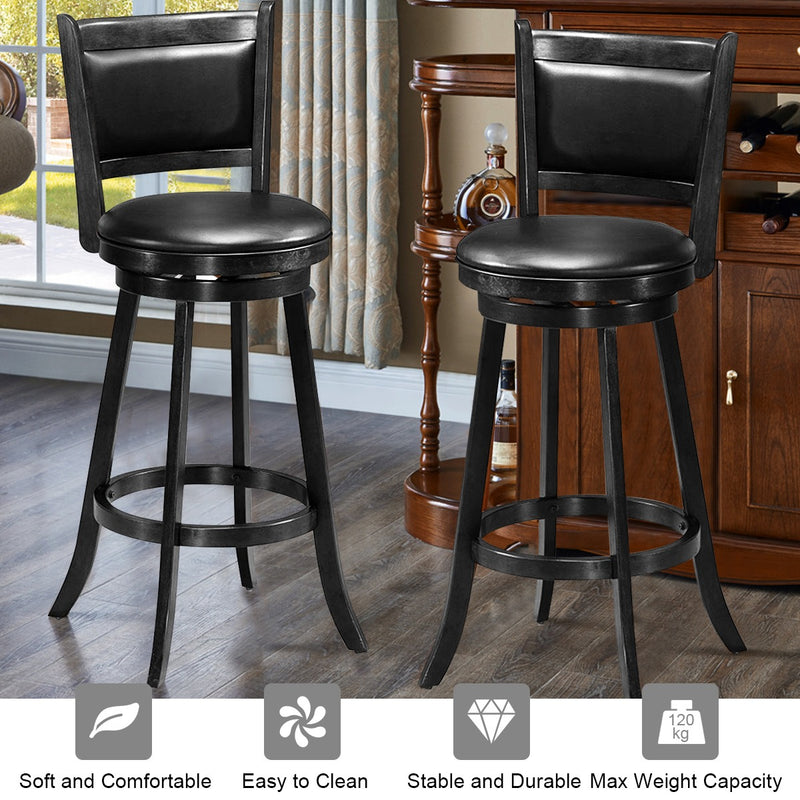 Set of 2 Black Swivel Bar Stools - Faux Leather Upholstery with Solid Wood Legs